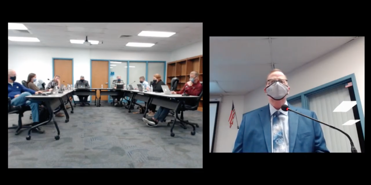 Ken DeSieghardt, a representative from Patron Insights, presents a survey conducted among Eudora staff members to the School Board Thursday evening.