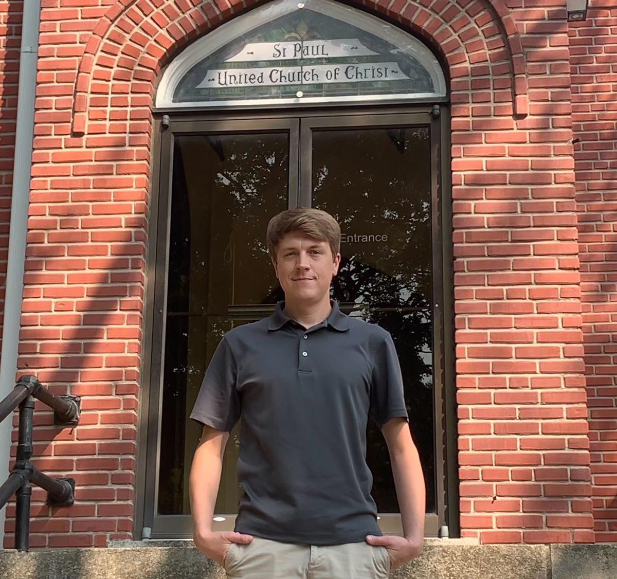 Eudora Area Historical Society Executive Director Ben Terwilliger stops at the St. Paul United Church of Christ. This church will be one of about 20 buildings Terwilliger points out on his walking tour of Church Street.