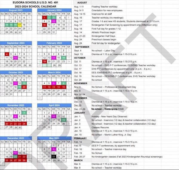 This draft shows the possible calendar for the 23-24 school year. Moeckel presented the draft but noted it is not yet finalized. The board will vote on the calendar in a future meeting.