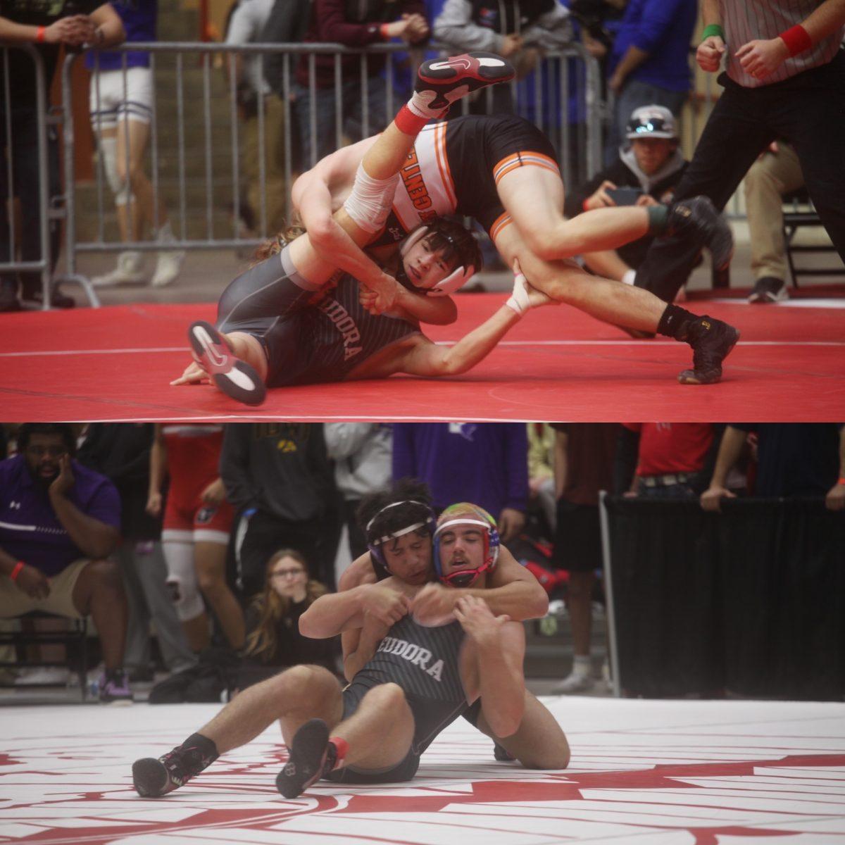 Hawken Andrews and Braedon Speer compete Friday in the Class 4A state wrestling championships. Photos courtesy of the Tonganoxie Mirror.