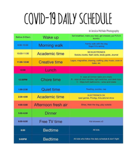 The School Board provided an example of a daily schedule for children while at home over the next several weeks to maintain structure throughout the day.