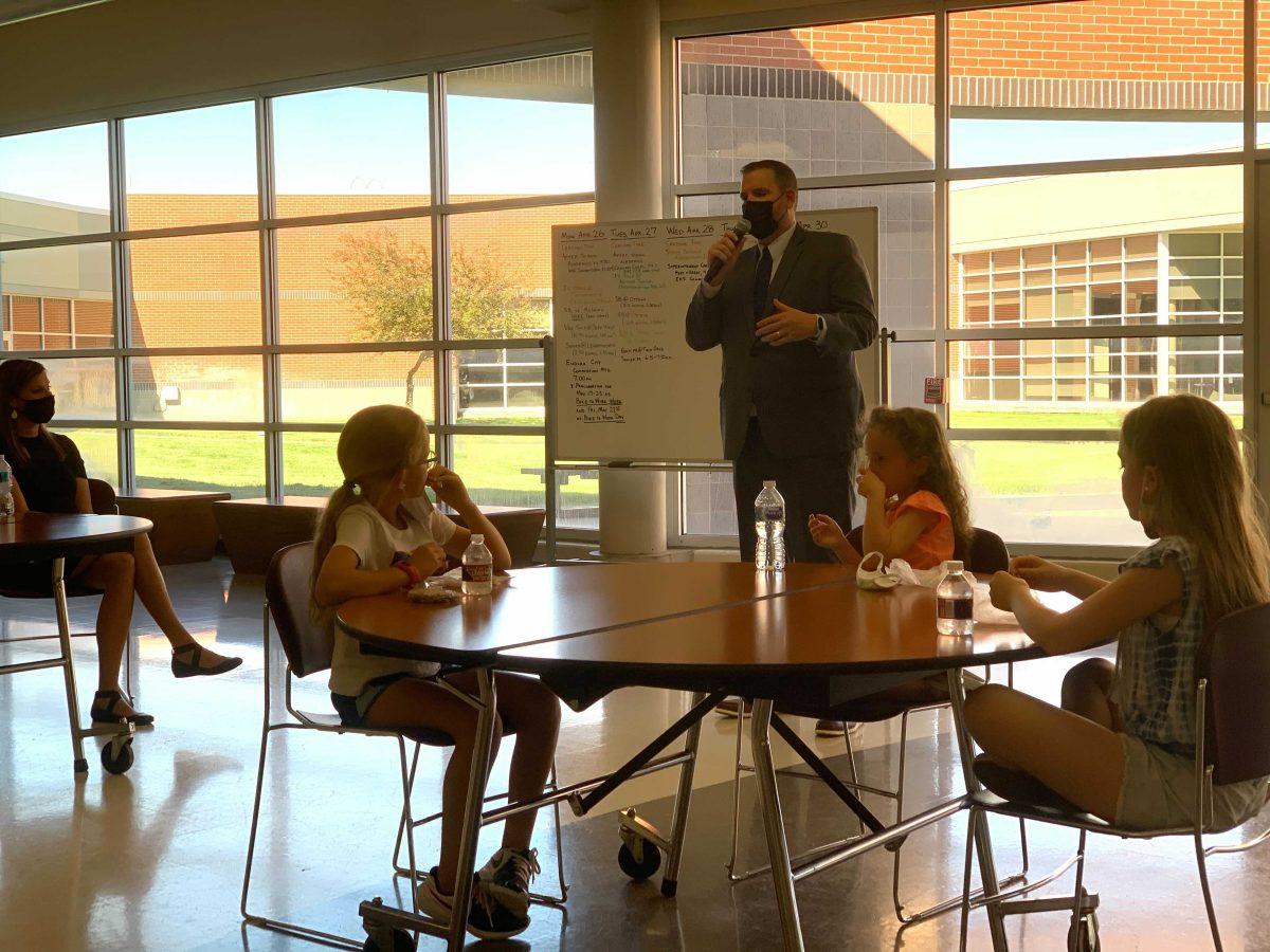 Stuart Moeckel, who serves as superintendent and principal for seventh through 12th grades at&#160;Madison Virgil Schools, visited with Eudora community members at a meet and greet Friday.&#160;