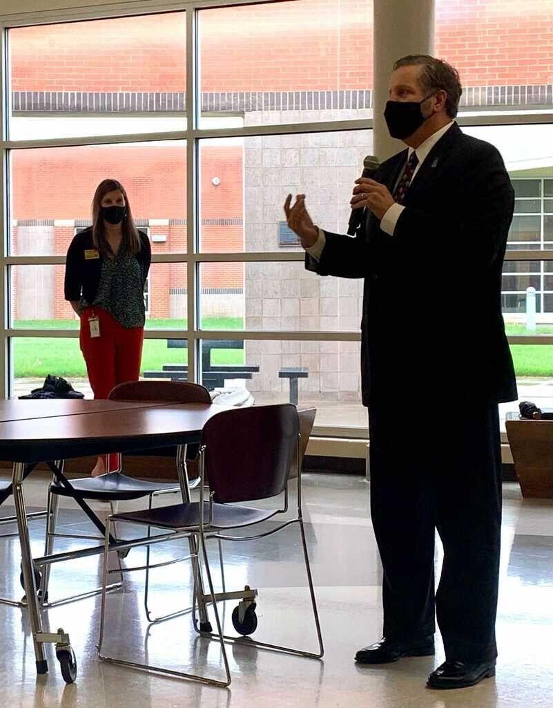 Darrel Kohlman speaks during his interview Wednesday for the Eudora superintendent position.