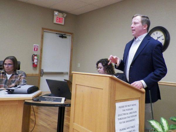 Jeff Hill, executive vice president of Mid America Bank, spoke to commissioners at Monday night’s meeting. Hill said the bank will be an essential part of the community ahead of the Panasonic project.