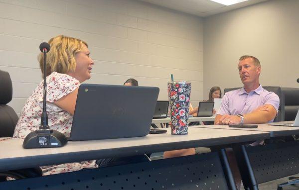 Board members Heather Whalen and Joe Hurla voice support Thursday at the School Board meeting for new renovations to the track and field practice area.