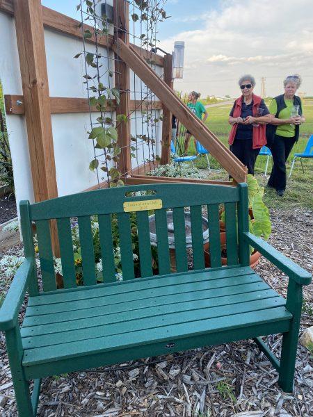 The new bench in the Giving Garden is the result of the Lions Club collecting over 500 pounds of soft plastics. 