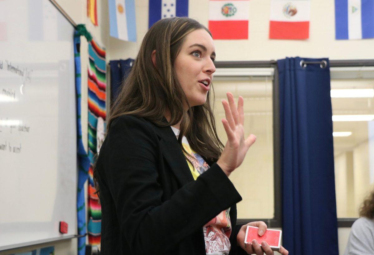 Katelyn Kellerman plays a game with her Spanish class on Friday. Kellerman, a Eudora native, just started her first year of teaching in the district where she grew up. Although it's been a transition, she has loved becoming a part of the Cardinal family again.&#160;&#160;