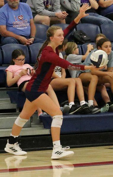 Junior setter Ellie Suber prepares to serve the ball against Louisburg Tuesday night at Eudora High School, looking to keep her team out in front of the rival Wildcats. 