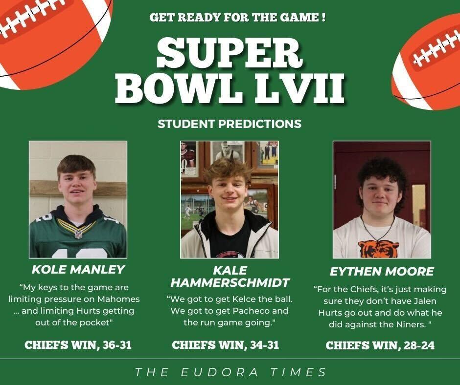 Cardinal football players all predict the Chiefs will win the Super Bowl Sunday against the Philadelphia Eagles. (Graphic created by Katie Maloney)
