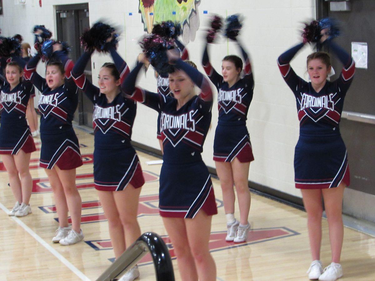 The Eudora High School cheer team keeps energy high during the boys basketball sub-state game Friday night.&#160;