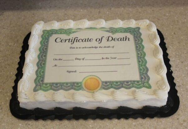 At Monday's meeting, they had a specialty death certificate cake. In previous meetings, they’ve had gravestones, skulls and graveyards.