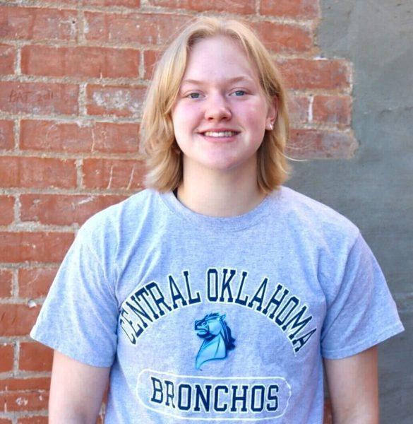 Senior Sawyer Schreiner dons her University of Central Oklahoma gear as she gets ready to be a part of the rowing team next year. Schreiner plans to study funeral services.