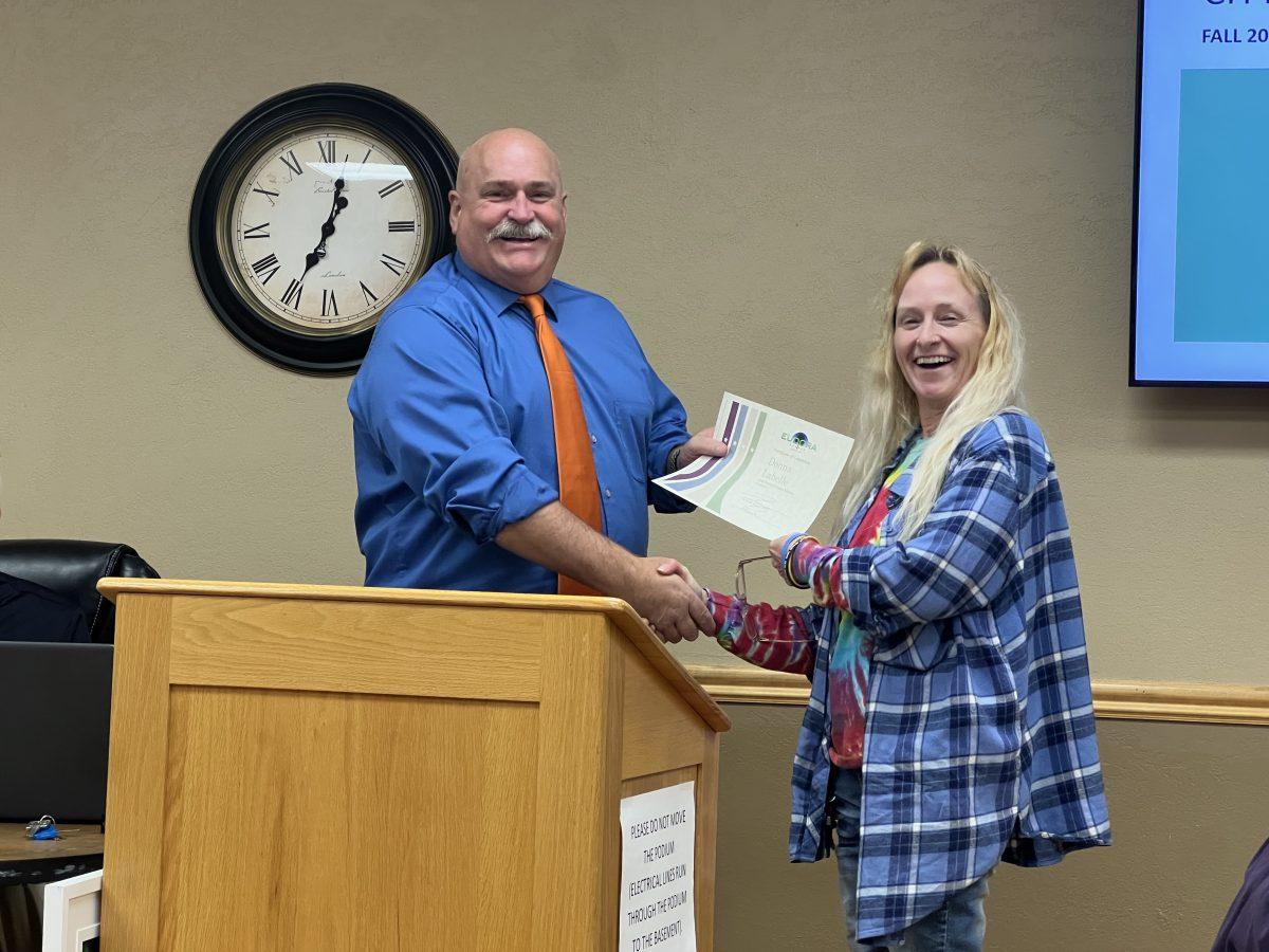 The city congratulated everyone who completed the Citizens Academy at Monday&#8217;s City Commission meeting. Donna Labelle receives her certificate from the mayor.&#160;&#160;