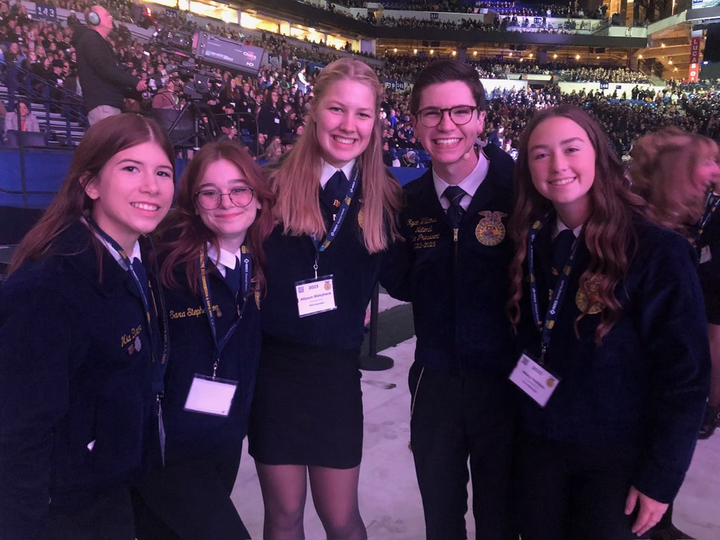 FFA officers Mia Dixon, Sara Stephenson, Allyson Rietcheck, FFA National Vice President Ryan Williamson and Mary Habjan attended the national FFA convention earlier this month.&#160;