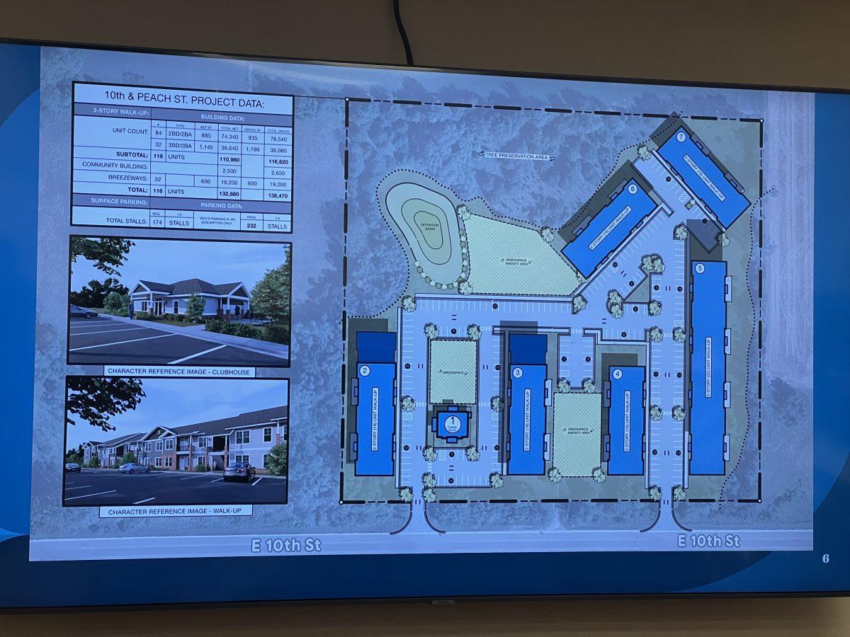 A rendering presented at the meeting shows the potential look of the outside of the apartments, as well as the overview of the area.&#160;