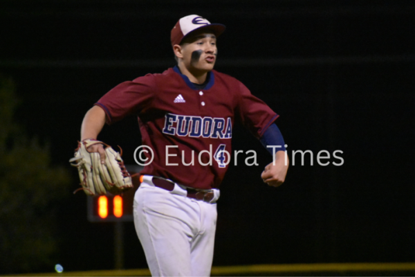 Senior Dakota Pringle celebrates after recording the final out Tuesday night. The baseball team won a back-and-forth battle with Baldwin 12-11. 