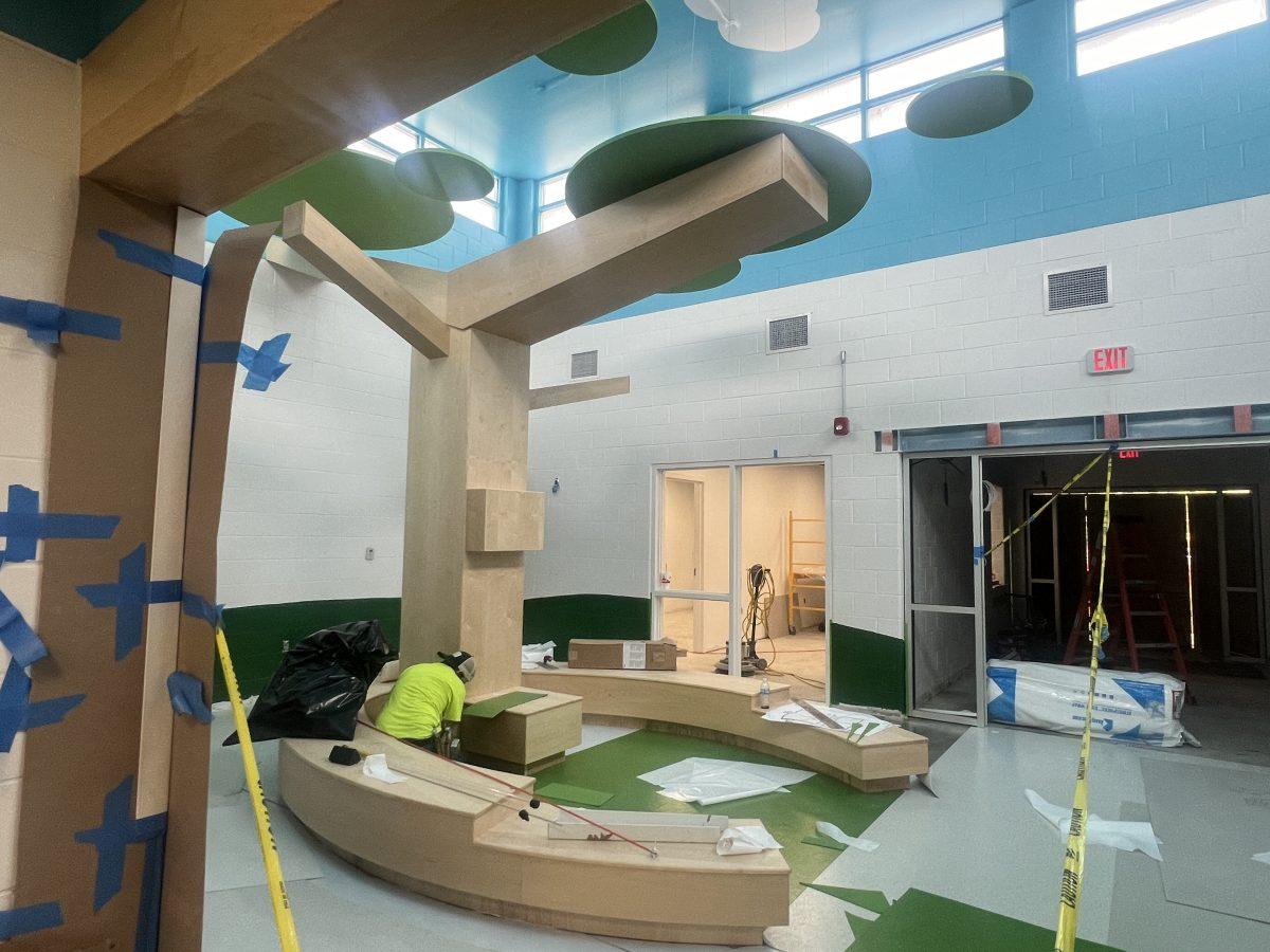 Construction continues on the facility. This photo shows a gathering area in the works.&#160;