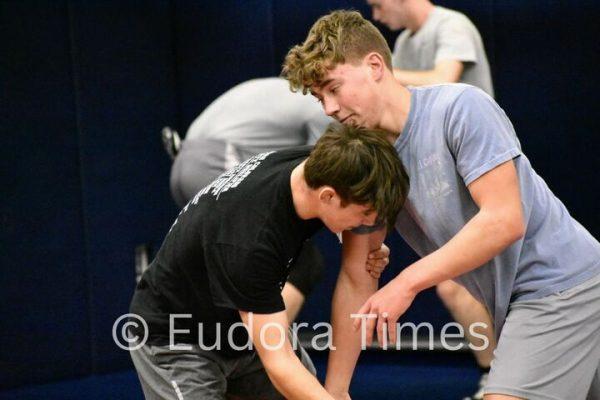 Junior Hawken Andrews and sophomore Newt Schreiner wrestle Tuesday at practice. The two have stepped into leadership roles this year and said the team has embraced a new mentality.