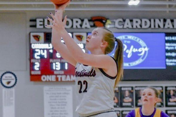 Senior Miranda Kuntz goes for a layup during the Cardinals win over Spring Hill on senior night.