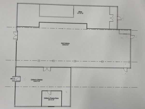 A map shows basic measurements of what a new library space could look like at the former quilting store space at 736 Main St.