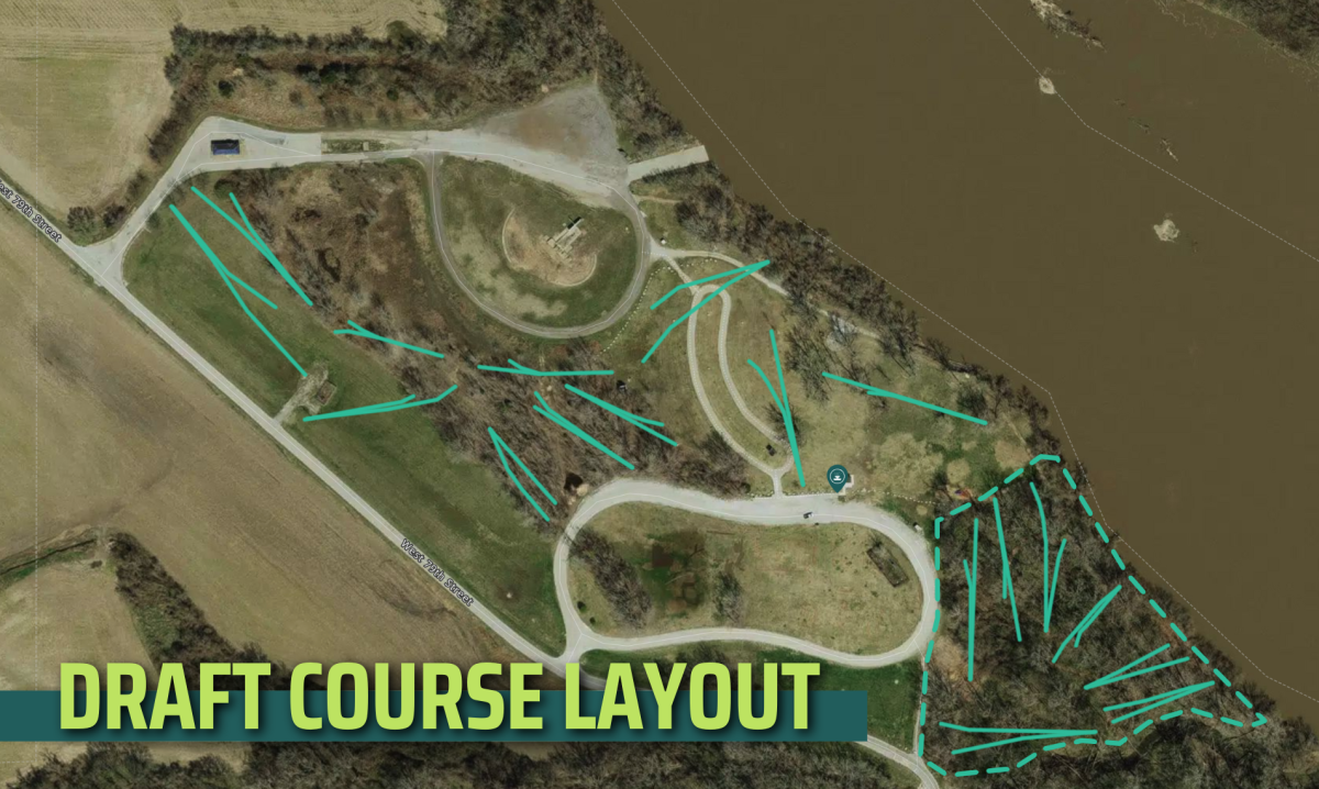A new disc golf course will be finished later this summer at Riverfest Park. A draft shows the possible course layout. 
Photo courtesy City of De Soto 