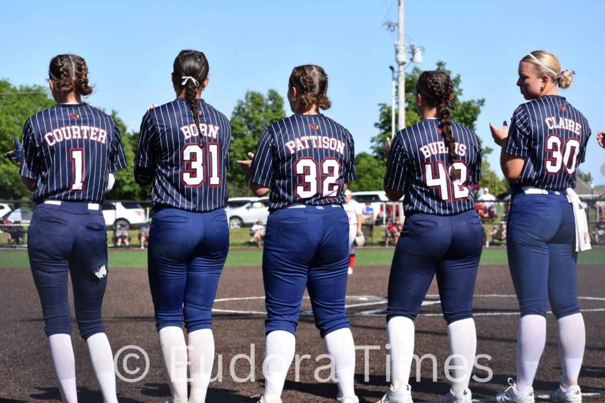 Seniors Katie Courter, Alexia Born, Reese Pattison, Jaiden Burris and Samantha Claire line up before the state championship final. Those five, alongside seniors Maddy Arnold and Kaylyn Carpenter, played their last high school game Friday. 