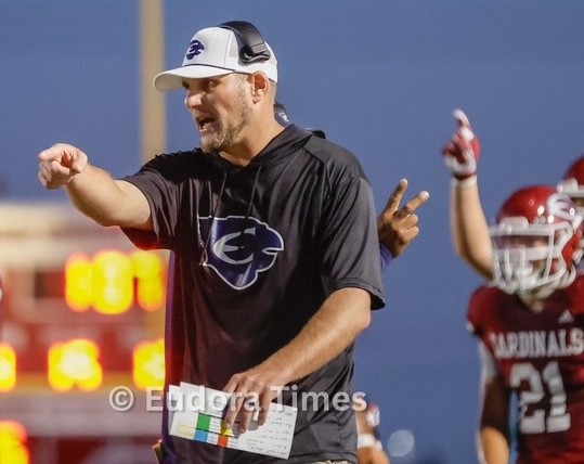 Football coach Drew Steffen gives instructions during the Cardinals win over Ottawa Friday night. 