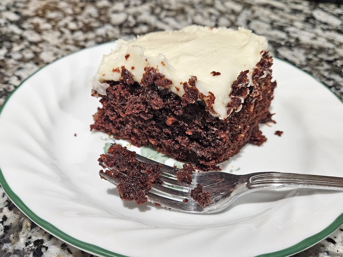 Mom’s chocolate cake is extremely moist and always receives rave reviews at gatherings. On top of that, it’s easy to make.