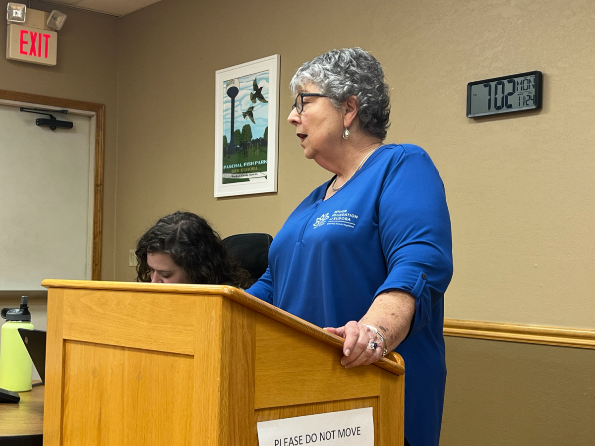 Ruth Hughs, with the Eudora Senior Foundation, speaks during public comment Monday. She said there is a huge need for more senior housing in town.