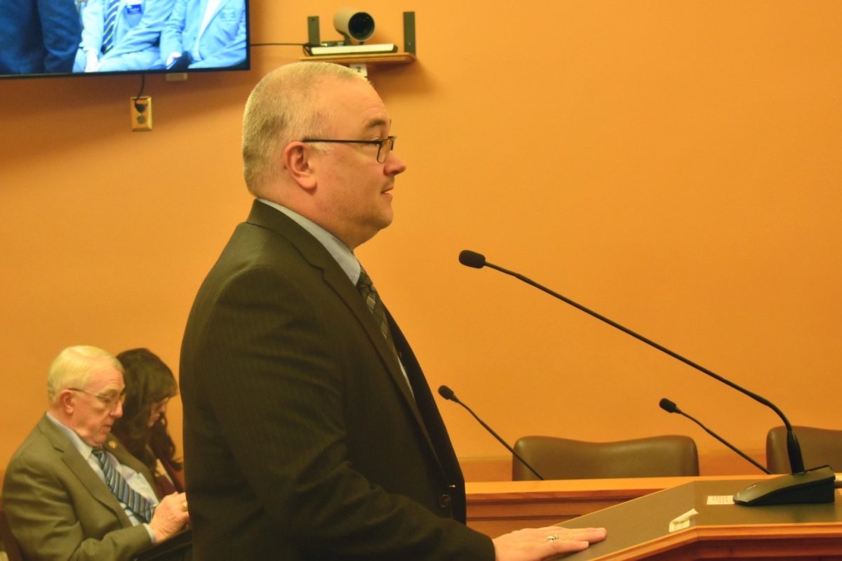 Library Board vice president Eric Magette speaks to legislators Monday in Topeka. He spoke alongside City Manager Zack Daniel, plus a local legislator and county commissioner, in support of a bill that would require election of Library Board members.  